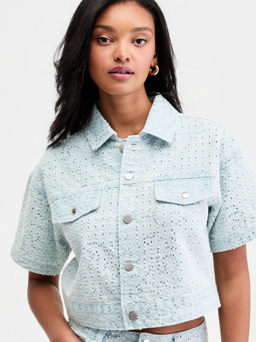 Women's Sequin Destructed Denim Short-Sleeve Shirt, Macy's Exclusive